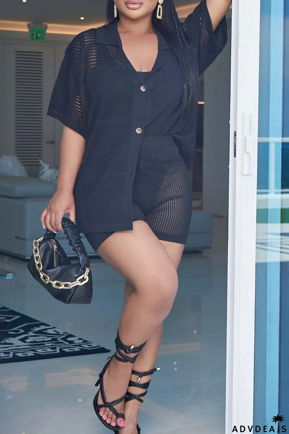 Green Yellow Sexy Solid Hollowed Out Patchwork Buckle Turndown Collar Half Sleeve Two Pieces