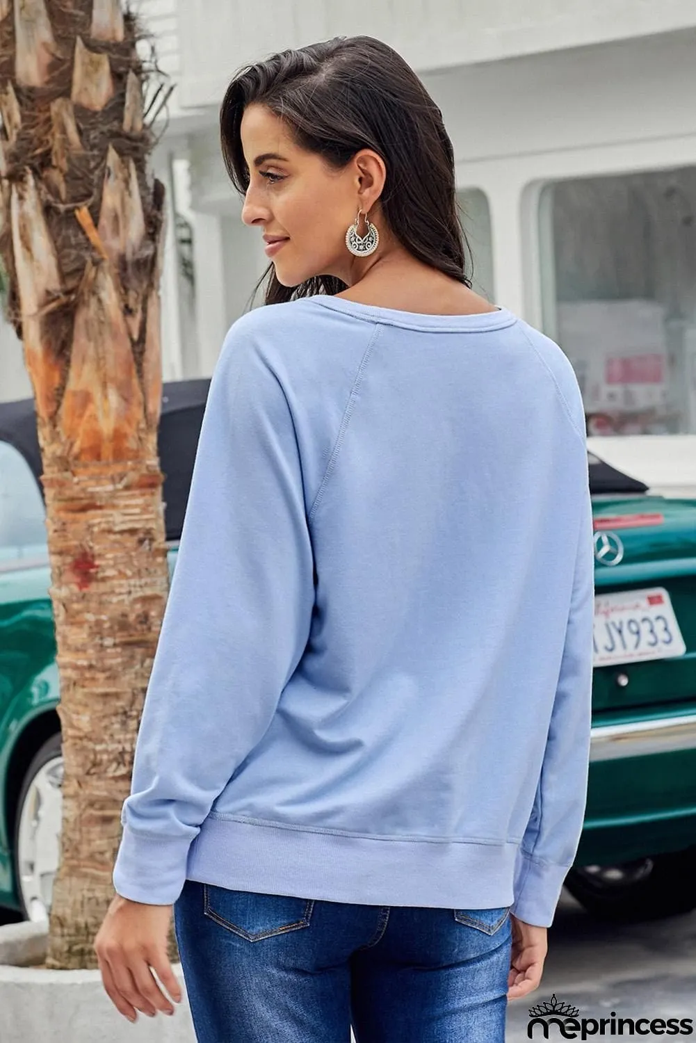 Casual Sky Blue French Terry Cotton Blend Pullover Sweatshirt