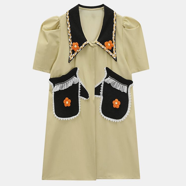 Vintage Lapel Pocket 3D Blossom Decor Dress - Modakawa modakawa