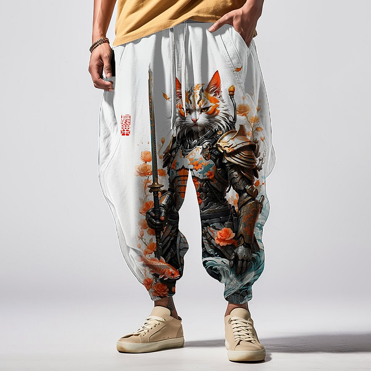 Japanese Art Lucky Koi Cat Shogun Art Print Casual Loose Sweatpants