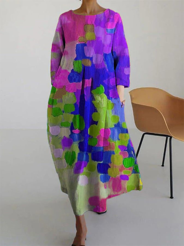 Print Pockets Bracelet Sleeve Maxi Dress