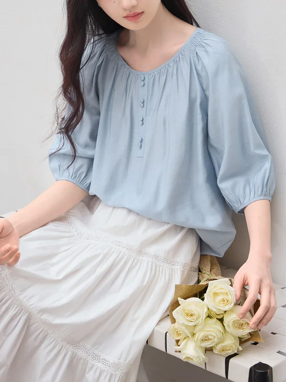 Athvotar Athvotar Blue Shirt Women's Round Collar 2025 Summer Dress New French Commuting Shirt Casual Loose Mid-Sleeve Top Shirt