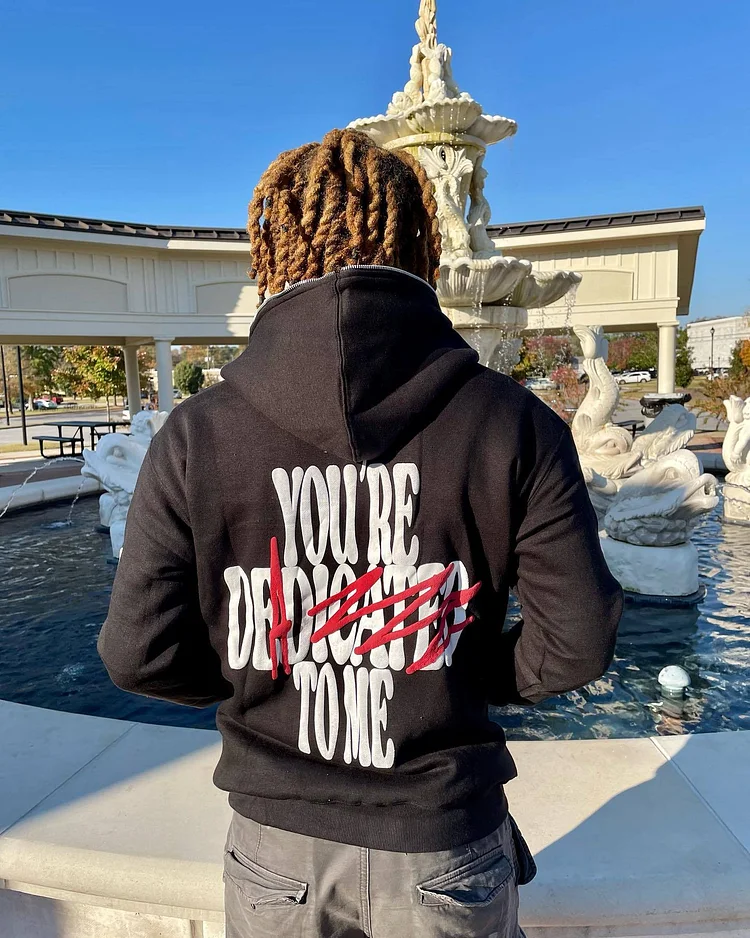 You’re Deadicated To Me Letter Puff Print Full Zip Up Hoodie Men's Hoodies at Hiphopee