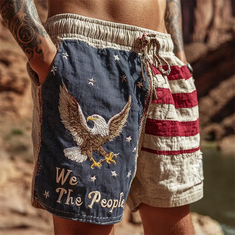 Vintage We The People & Bald Eagle Embroidered Men's Linen Shorts