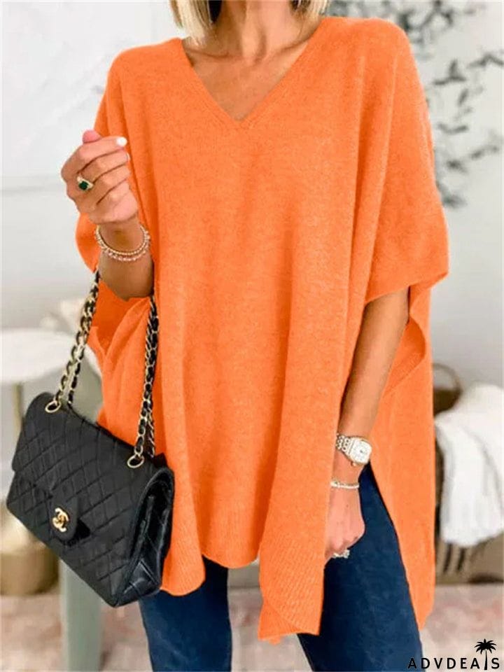 Chic V-neck Loose Knitted Poncho Sweater for Women
