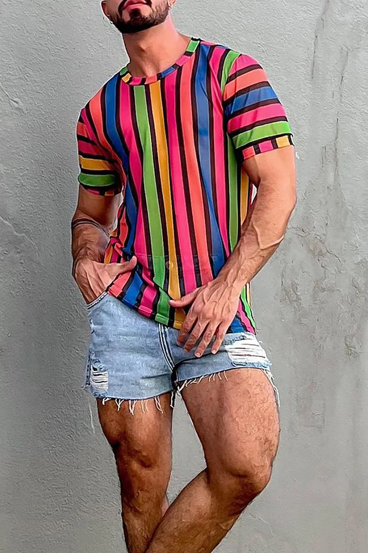 Rainbow Striped See-Through Mesh T-shirt