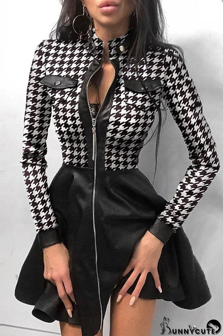 PU High Waist Houndstooth Patchwork Dress