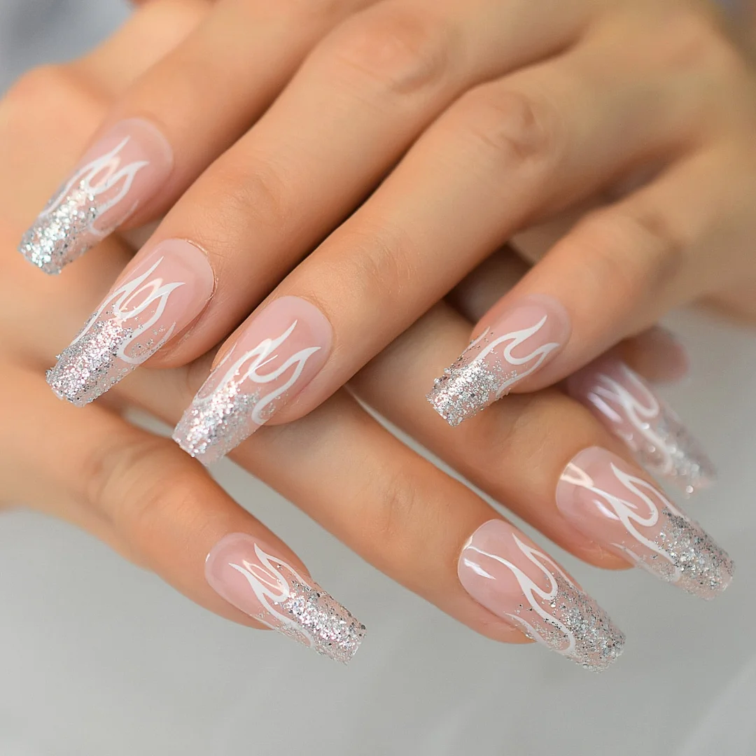 Press On Nails Medium Length Violet Glitter Coffin Ballerina Fake Nails Set Full Cover Gel False Nail Art Women Valse Nagels-Nail Inspo