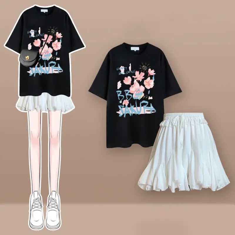Tulip Cherry Blossom Print T-Shirt Pleated Skirt Two Pieces Set