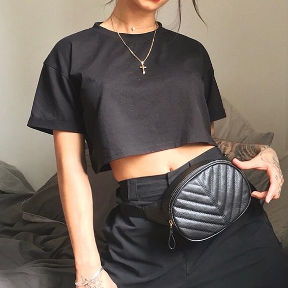 Fashion - women's new basic loose-fitting T-shirt with a slim crop top