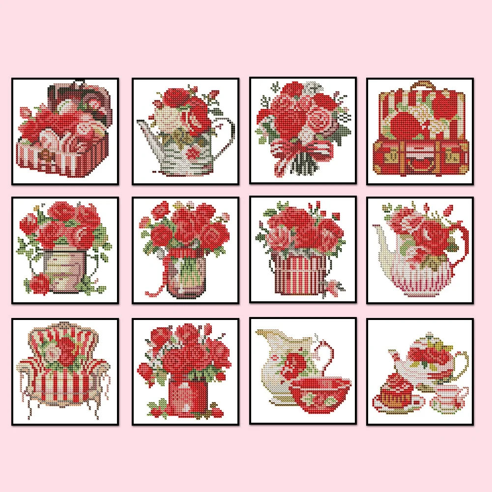 12pcs Flowers DIY Mini Round Diamond Painting Table Decor No Frame15x15cm