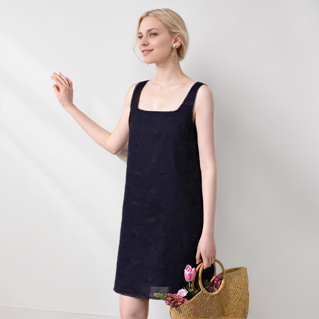 Pure Ramie Embroidered Sleeveless Dress Slim Fit REAL SILK LIFE