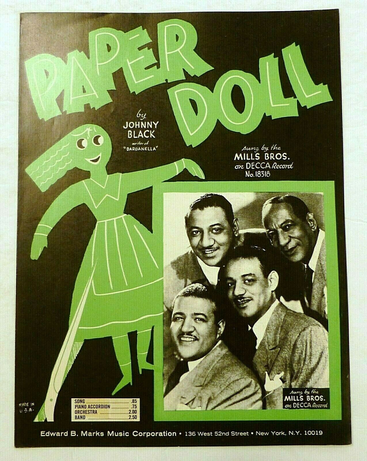 PAPER DOLL The Mills Brothers Sheet Music (FM) #354