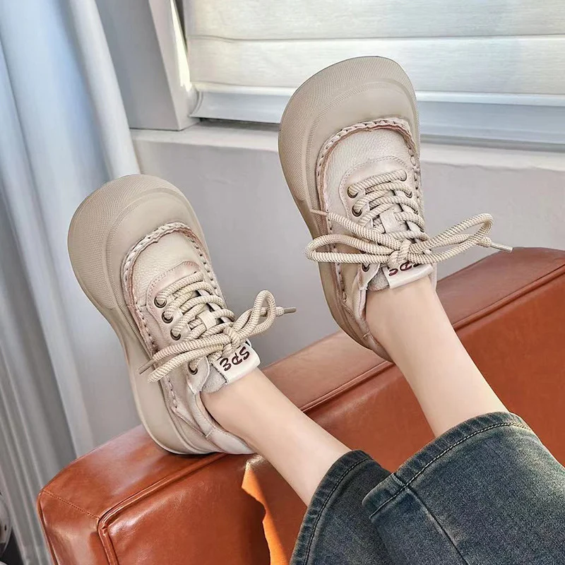 Yyvonne Layer Of Cowhick Retro Thick-Sed Loose Cake Shoes Women 2025 Spring New Casual Big Shoes Leather Single Shoes