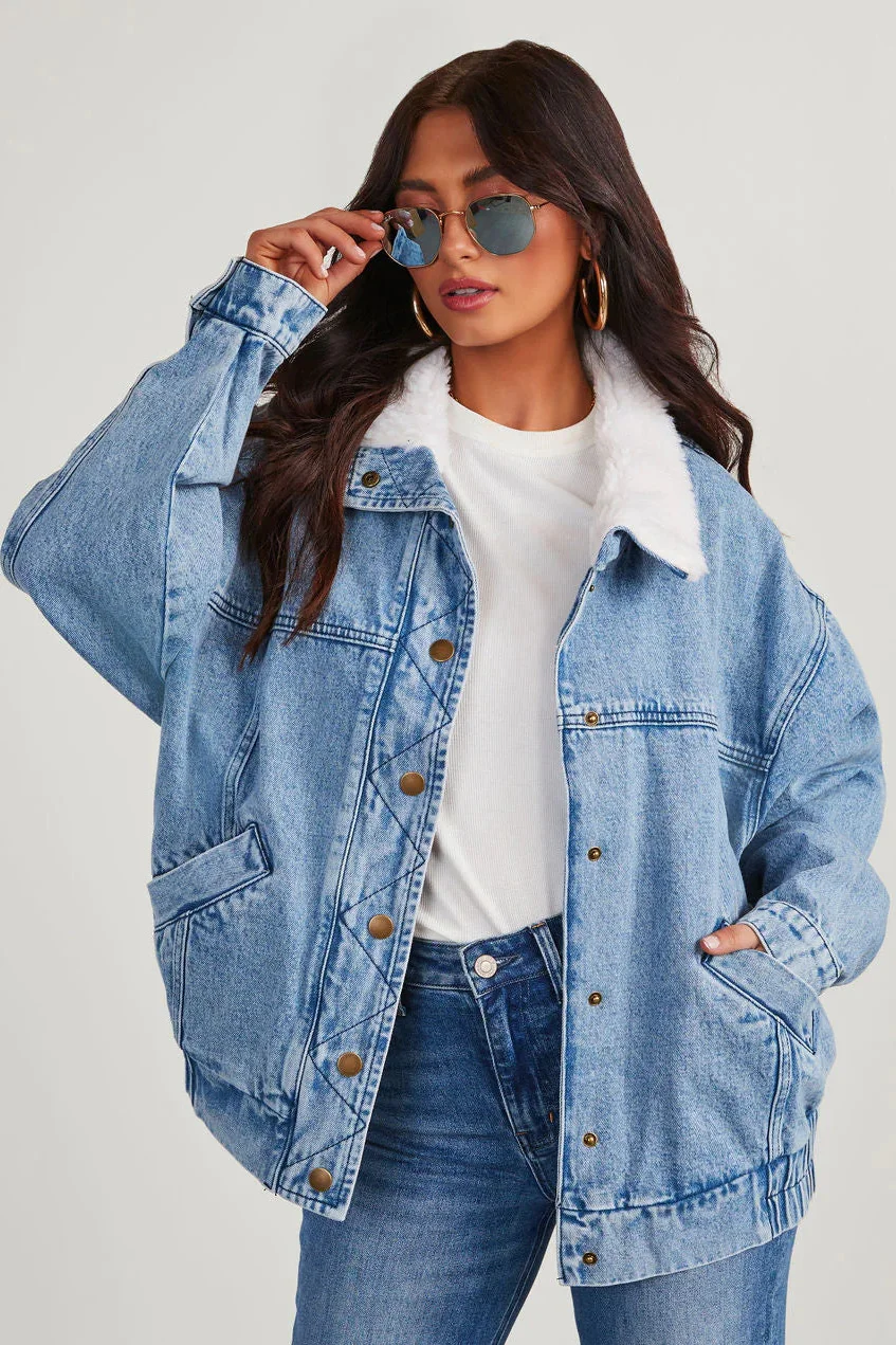 Women's Autumn and Winter Denim Jacket Loose Fur Collar Large Lapel Double Pocket Quilting Jacket
