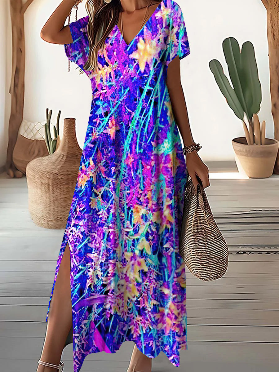 Women's V-Neck Vintage Abstract Bamboo Pattern Dress