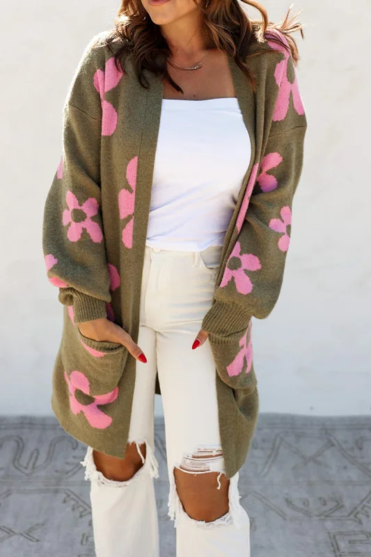 Winter floral pattern long sweater cardigan