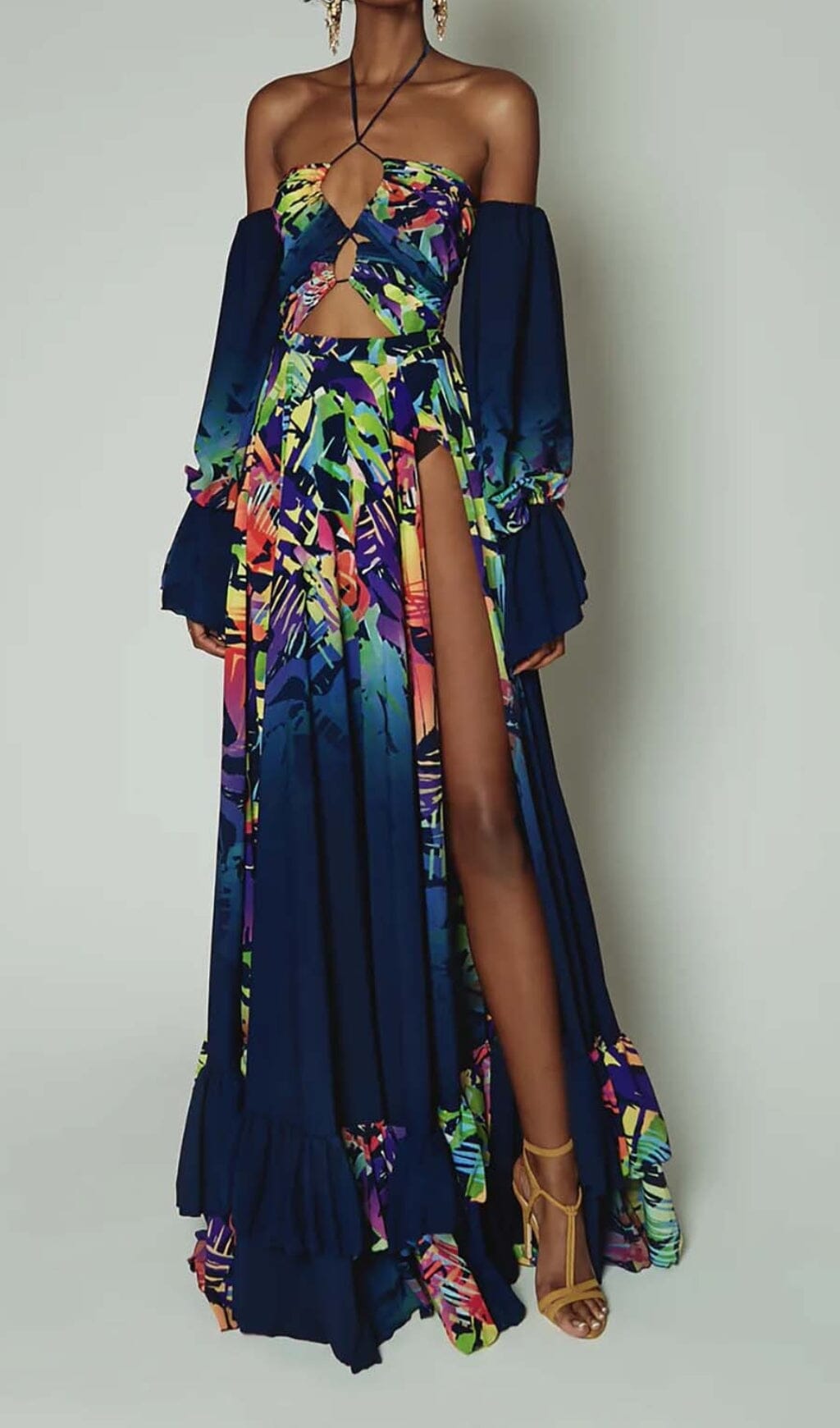 Off Shoulder Flowy Sleeves Maxi Dress In Multi-Color Flowering Girl