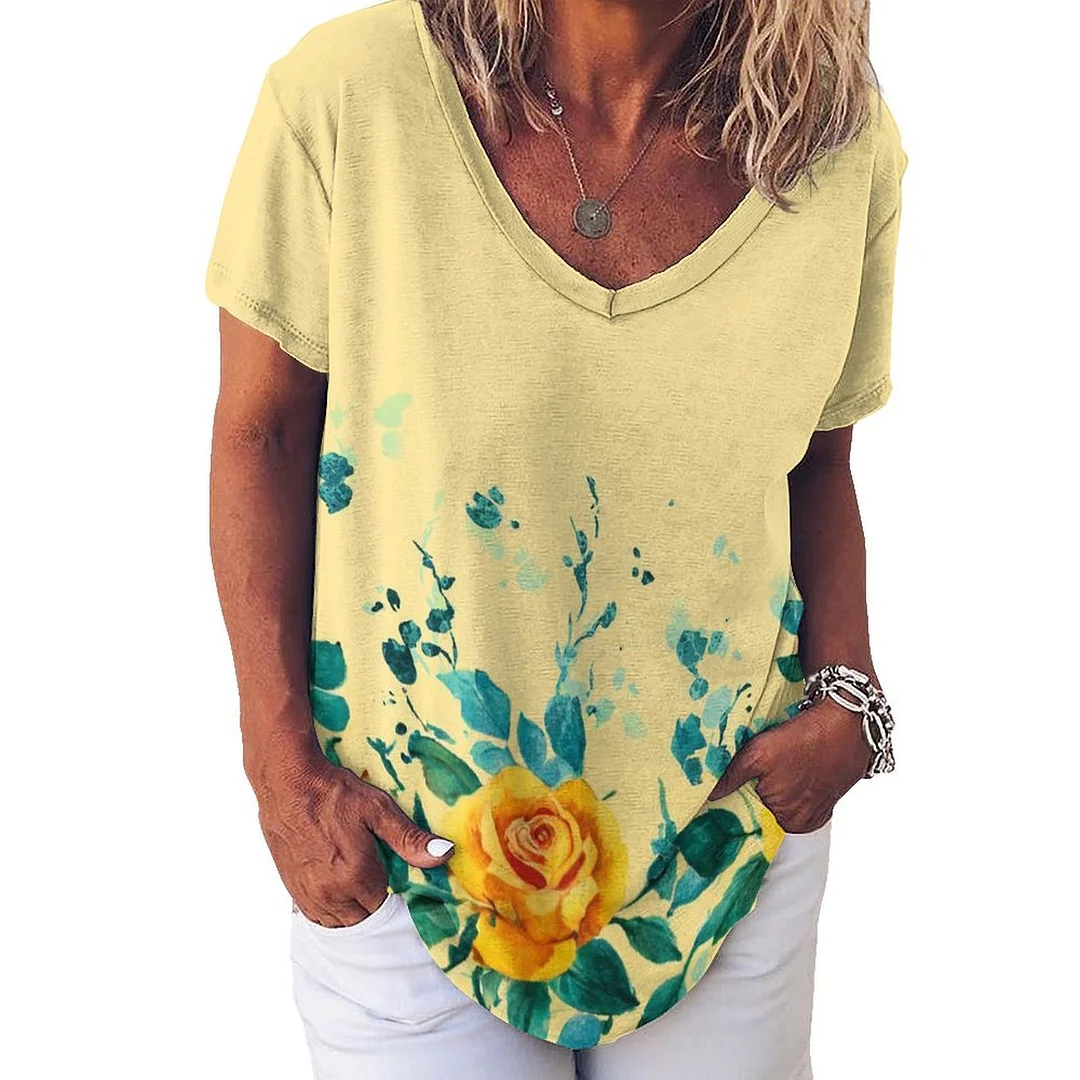 V-neck Short Sleeve Casual T-shirt for  Women Printed with Pattern Yellow, Floral