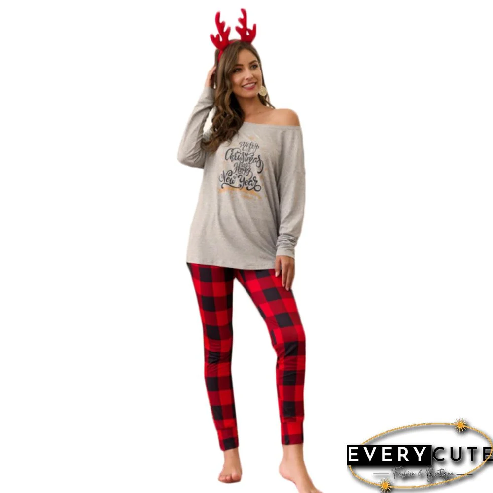 Gray Merry Christmas Top With Red Plaid Pant Set