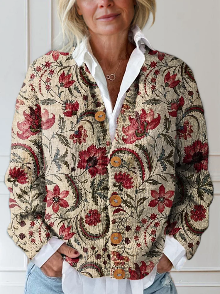 Women's Vintage Floral Art Print Buttoned Cardigan Sweater