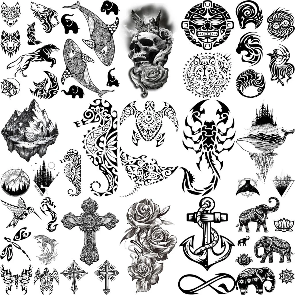 Sdrawing Seahorse Whale Temporary Tattoos For Women Men Cross Anchor Skeleton Thorns Elephant Fake Tattoo Fashion Tatoos Paper
