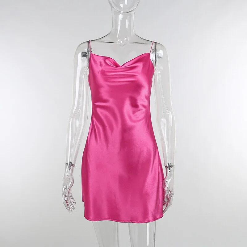 Satin Women Slip Swinging Collar Sleeveless Backless Mini Dress Bodycon  Party Elegant 2023 Christmas Club Slim.
