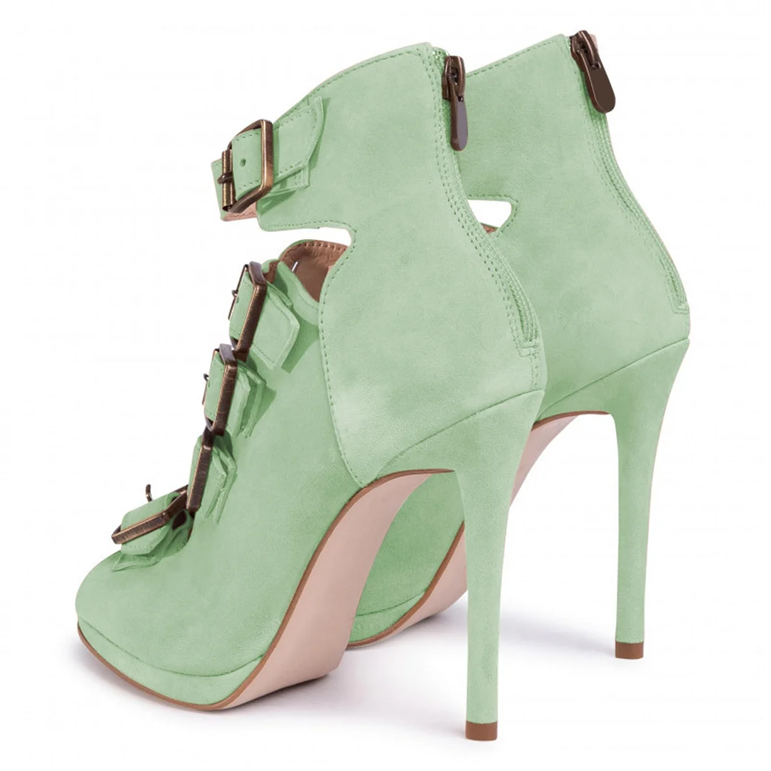 Faux Suede Platform Buckle Strap Heel Green Gladiator Sandals