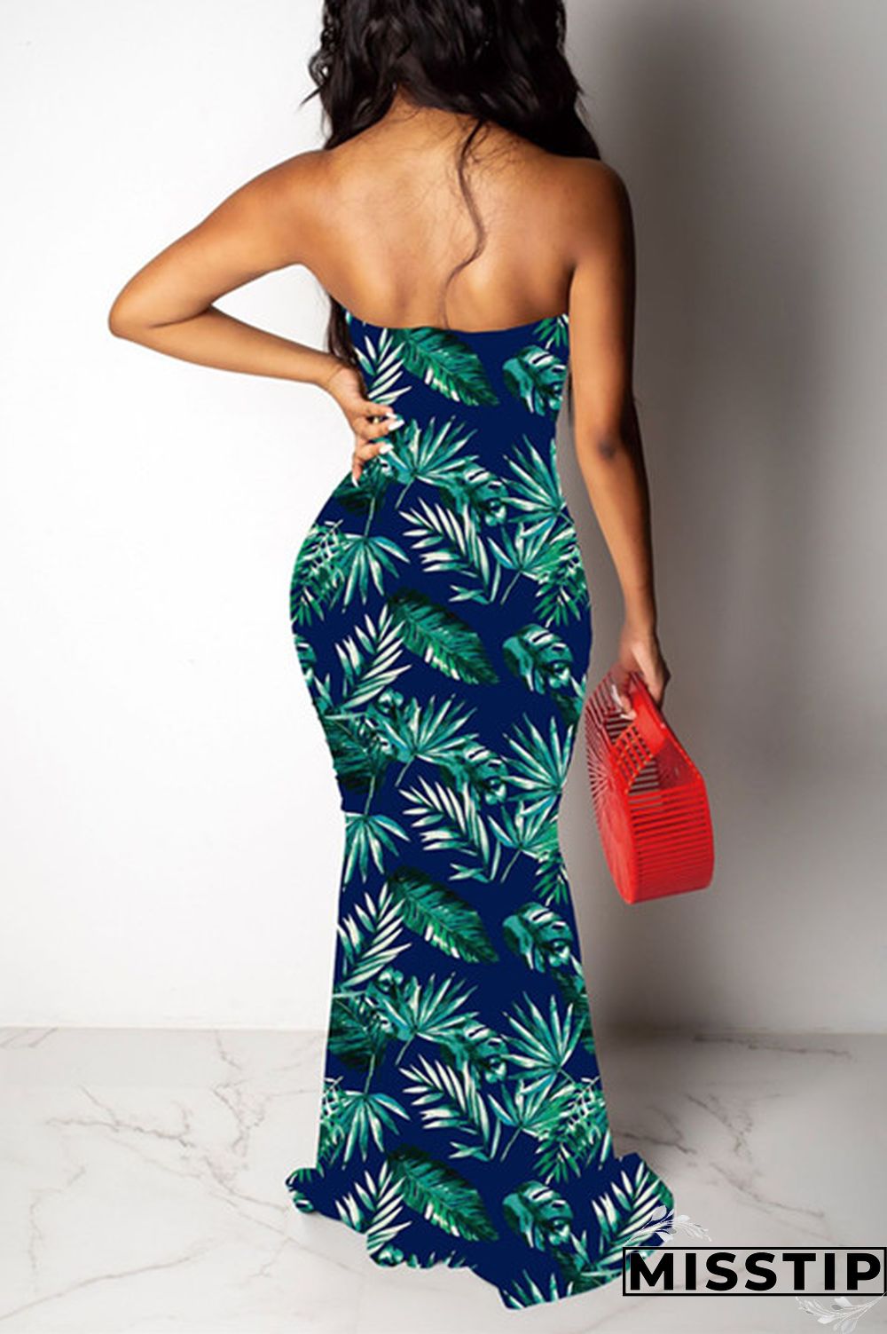 Navy Blue Fashion Sexy Off The Shoulder Sleeveless Wrapped chest Asymmetrical Floor-Length Patchwork