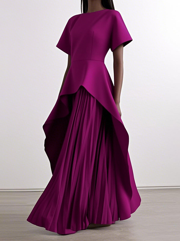 Cape High-Low Pleated Solid Color Split-Joint Round-Neck Evening Dresses Maxi Dresses