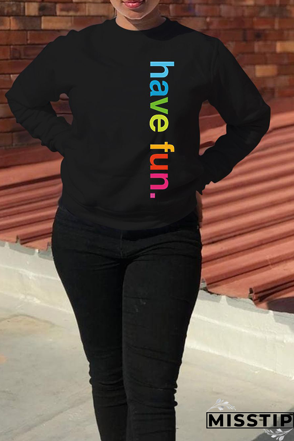 Black Casual Print Letter O Neck Tops