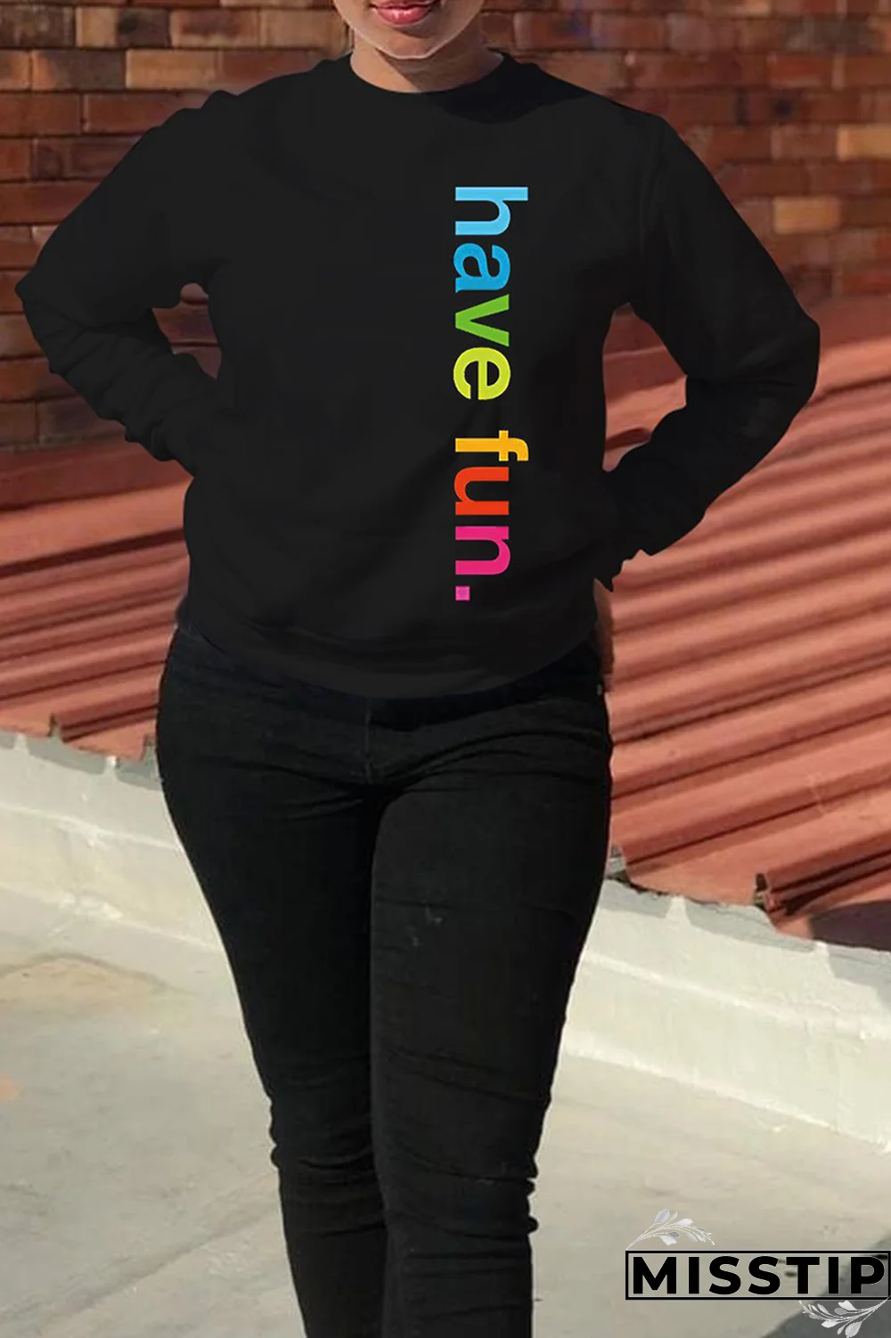 Black Casual Print Letter O Neck Tops