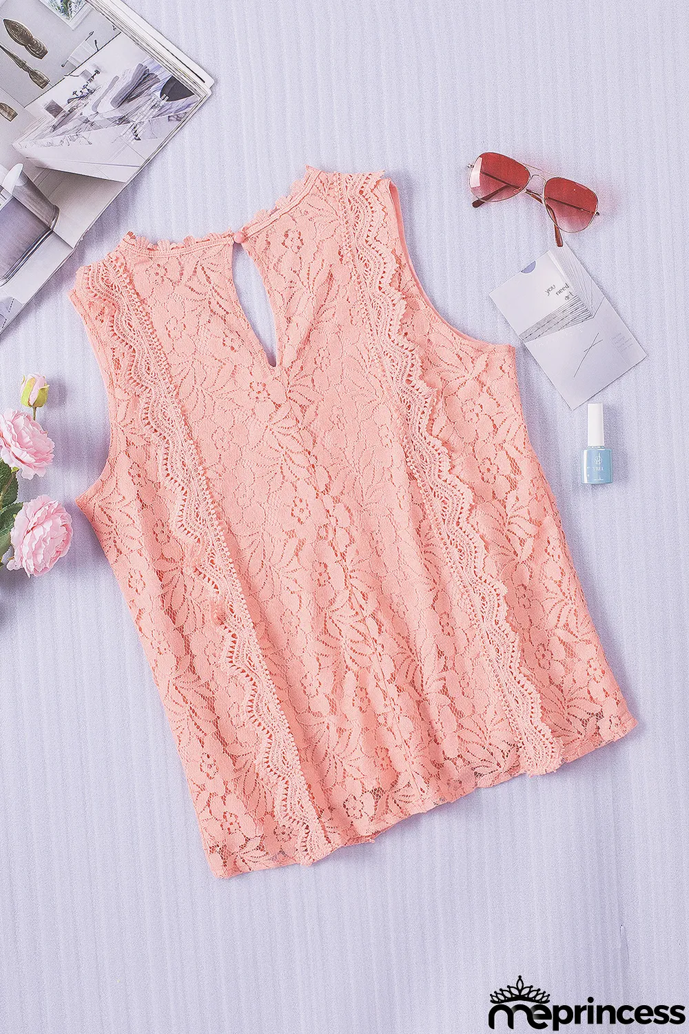 Pink Lace V Neck Tank Top