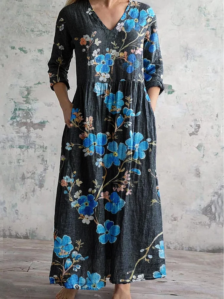 Women's Retro Floral Pattern Cotton And Linen Dress