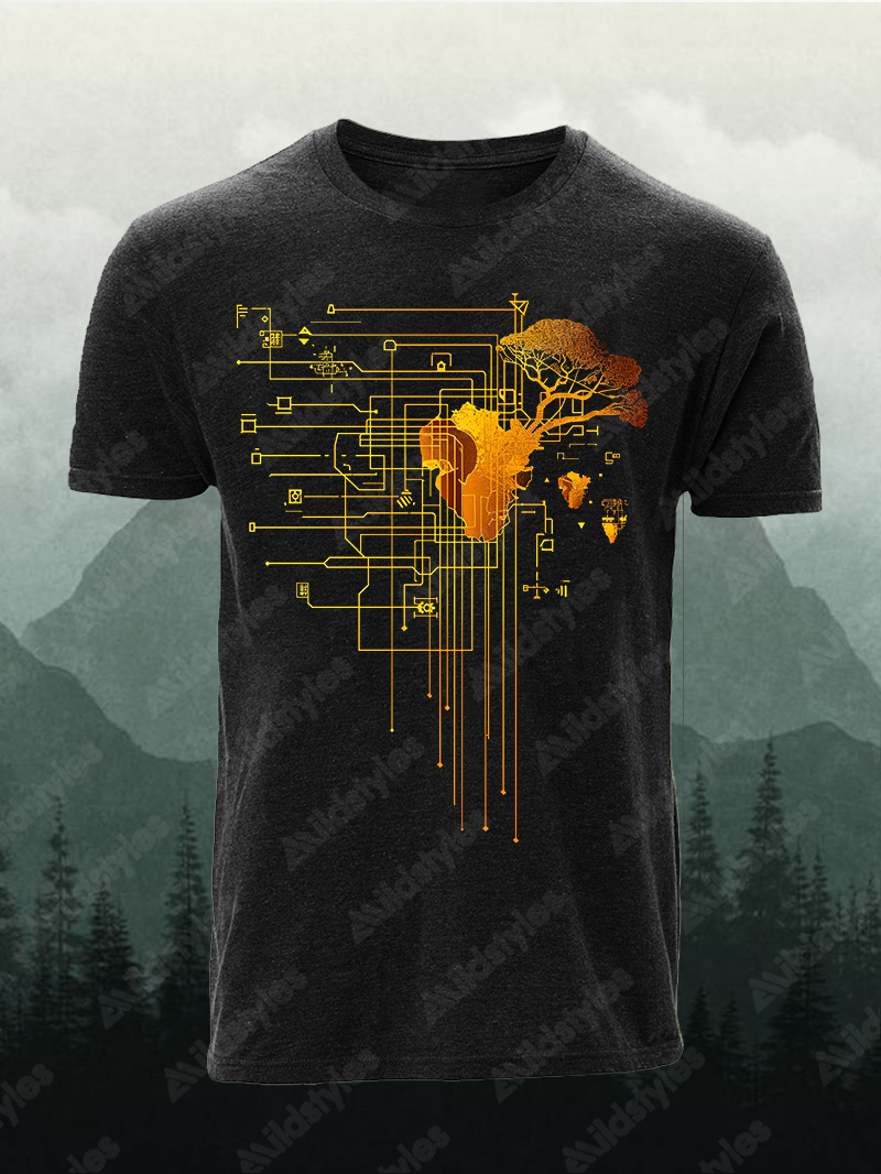Men's Circuit Board Cyber Tree Heart Print Short Sleeve T-Shirt