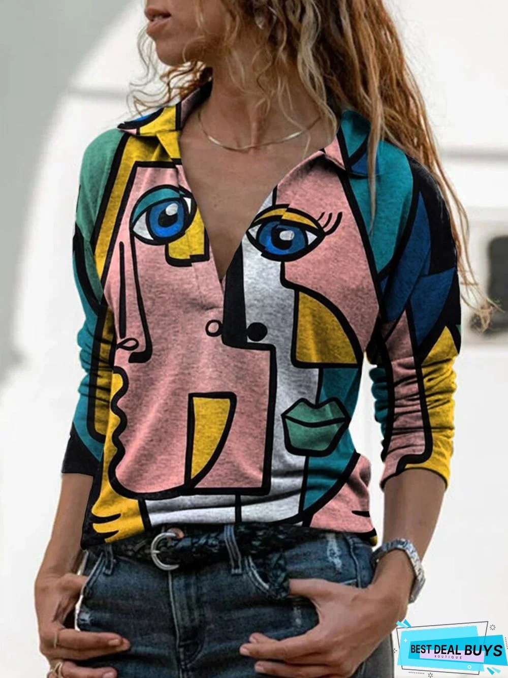 Multicolor Hippie Printed Shift Casual Shawl Collar Long Sleeve Blouse