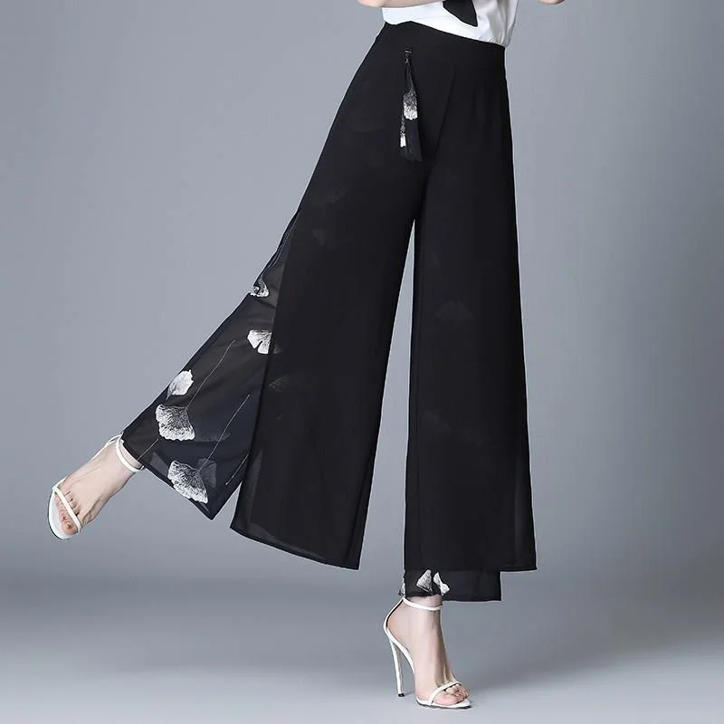 Double Layer Ice Silk Chiffon Women Pants Black Color M-4XL Female Trousers