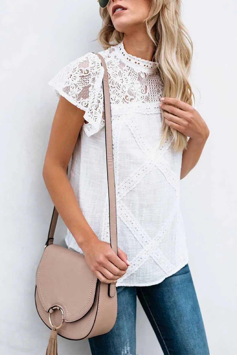Abebey Summer Geometric Stitching Lace Short Sleeves Tops (6 Colors)
