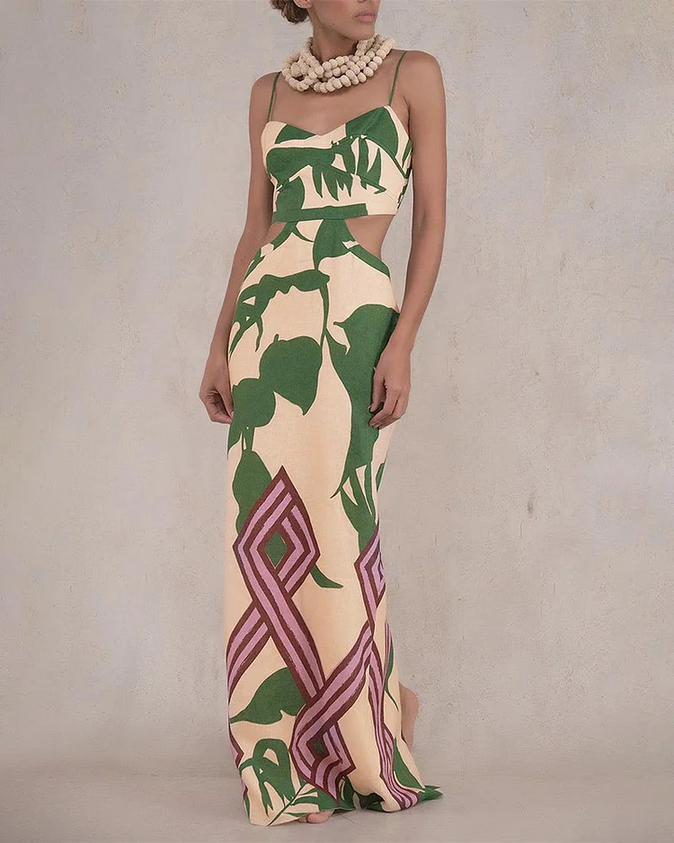 Abstract print suspenders Maxi dress