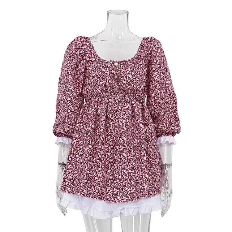 Ueong Ueong Women's Spring New Print Dress Fashion Bubble Sleeve Square Collar Show Thin A-Line Skirt Floral Skirt