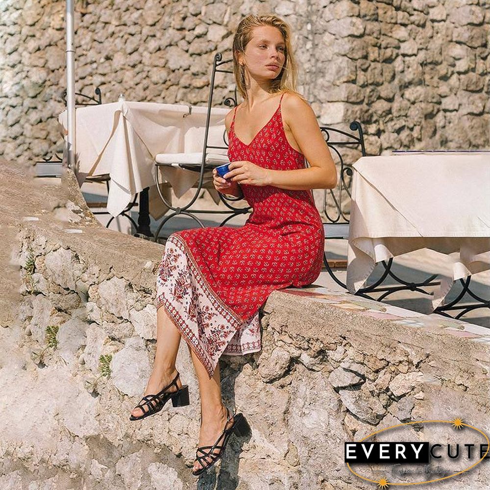 Spring Summer New Ladies Bohemian Print Hem Stitching Split Straight Sling Dress Women V Neck Spaghetti Strap Sexy Dresses