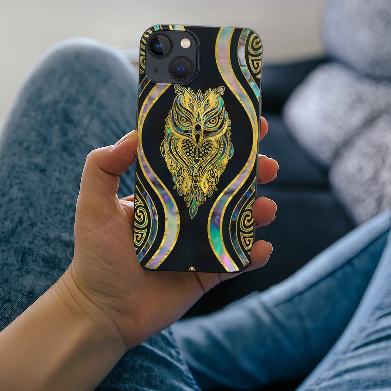 Gold Tribal Owl On Boho Abalone Printed TPU Phone Case For Apple Iphone 15/14/13/12 Pro Max Coolcoshirts