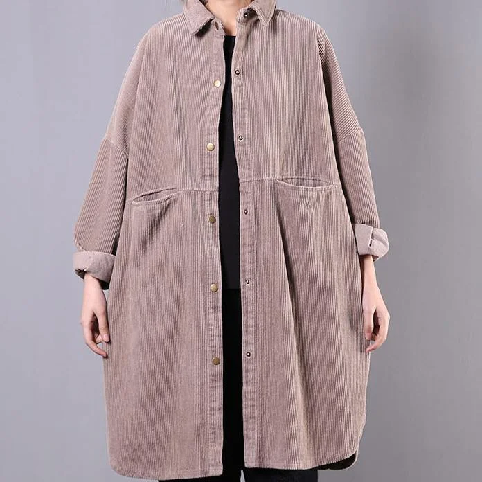 Bohemian lapel pockets Plus Size tunics for women gray Art outwear