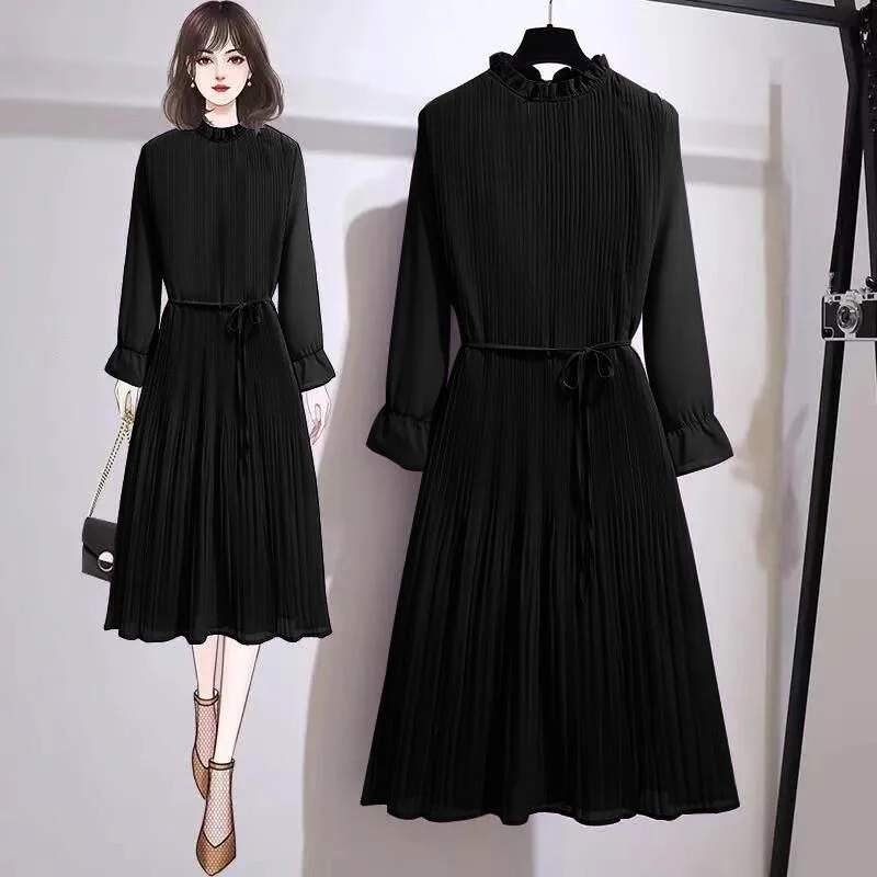 Dress female 2021 spring and autumn new loose casual lotus leaf collar lantern sleeve mid-length pleated chiffon dress