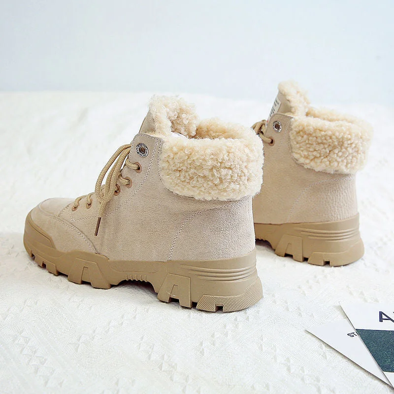 Ladies Snow Boots Plush Warm Fur Casual Martin Boots Shoes Sports Shoes Ankle Boots Thick-soled Lace-up Short-tube Winter Shoes