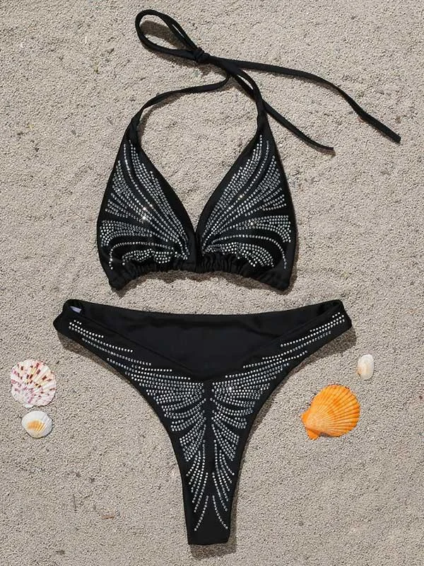 Diamond Gorgeous Embellished Triangles Bandage Split Bikini Swimsuit