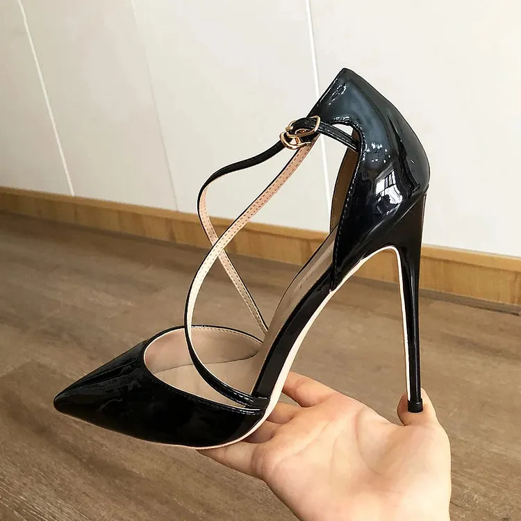 White Glossy Patent Cross Strap Stiletto Pumps for Women