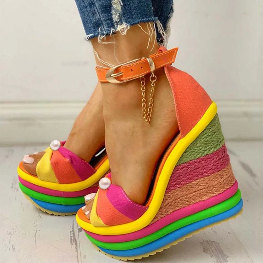 Rainbow Wedge Heels Ankle Strap Platform Wedge Heels Nicepairs