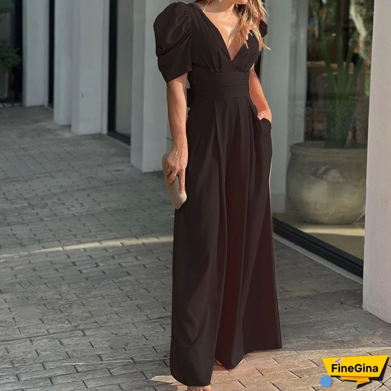 Plus Size Women Short Sleeve Wide Leg Jumpsuit