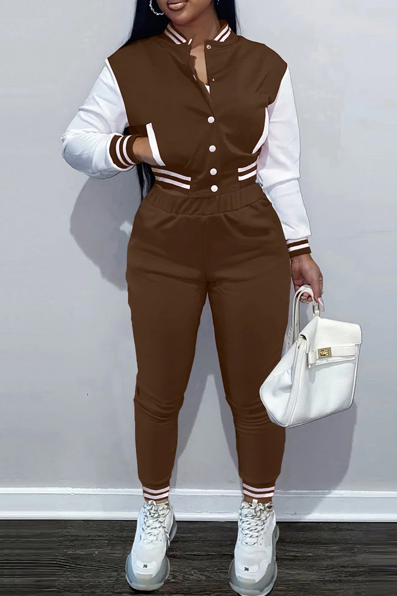 Coffee Fashion Casual Patchwork Cardigan Pants Long Sleeve Two Pieces